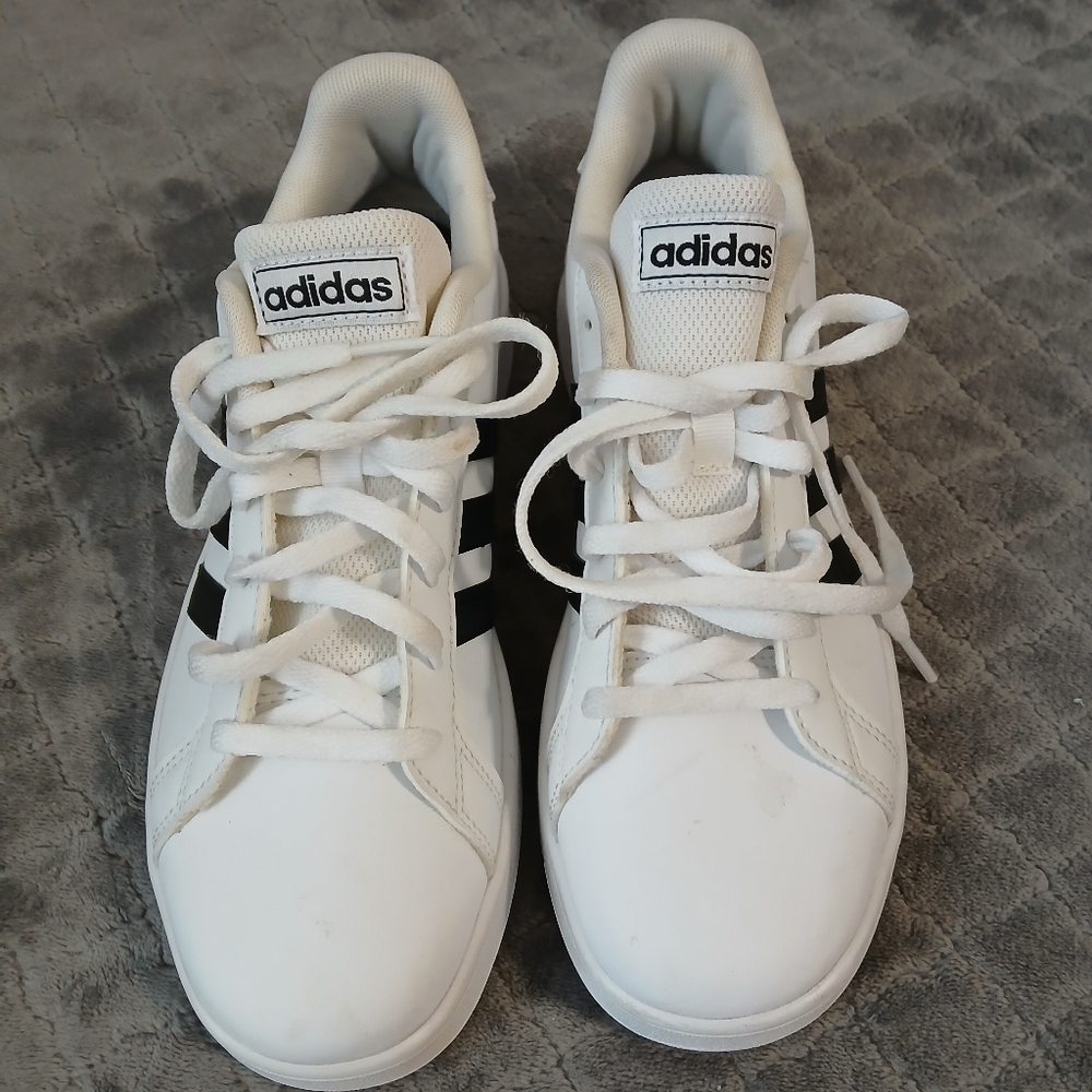 Adidas White Sneakers with Black Stripes size 5